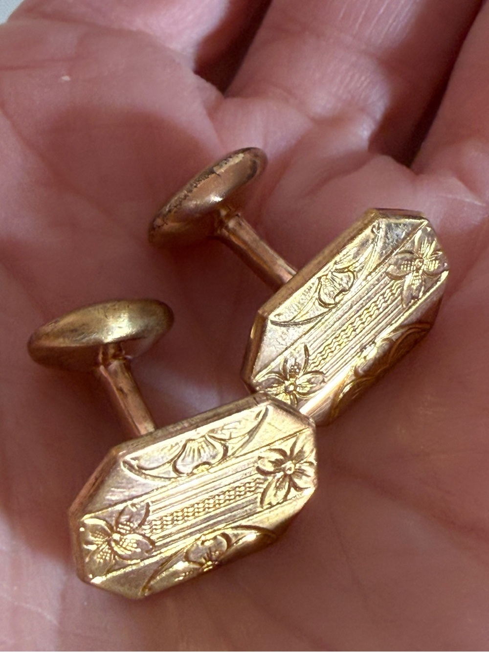 Antique Art deco park Roger gold fill floral etching bean cufflinks
